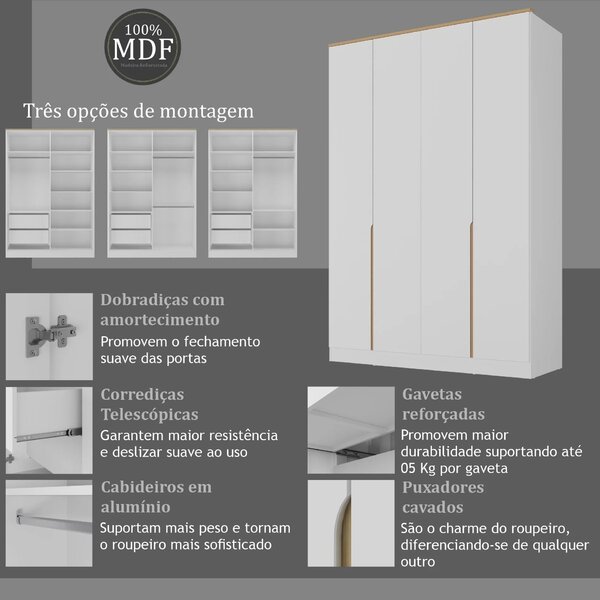 Guarda Roupa 4 Portas 2 Gavetas Logan Branco/olmo Italiano - Imagem 3