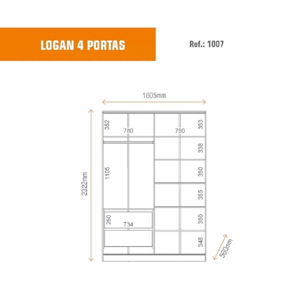 Guarda Roupa 4 Portas 2 Gavetas Logan Branco/olmo Italiano - Imagem 7