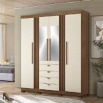 Guarda-roupa 4 Portas 4 Gavetas Com Espelho E Pés Mdp Aurora Jatobá/ Areia