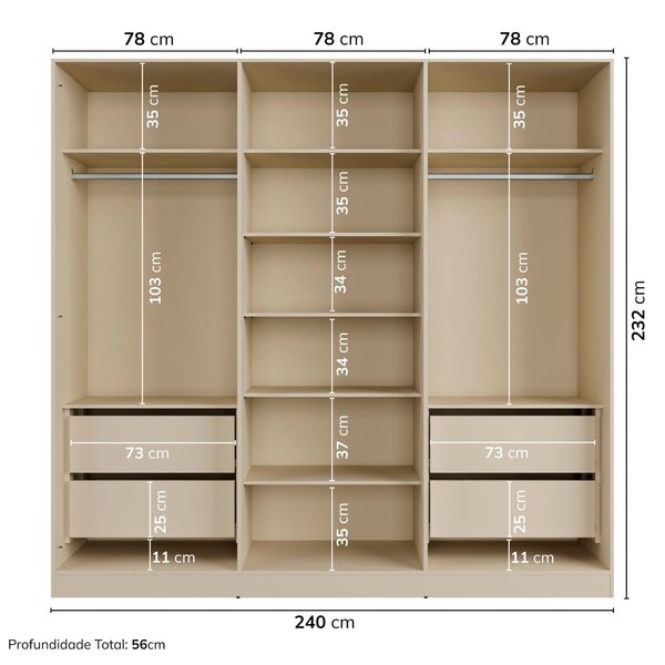 Guarda-roupa 6 Portas Reflecta Com Led 100% Mdf Orion Cabecasa Madeiraoriginals Aveia - Imagem 8