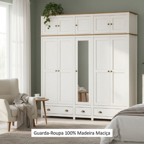 Guarda-roupa Bipartido 10 Portas 3 Gavetas Topázio 100% Madeira Maciça Branco /freijó - Imagem 8