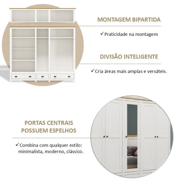 Guarda-roupa Bipartido 10 Portas 3 Gavetas Topázio 100% Madeira Maciça Branco /freijó - Imagem 9