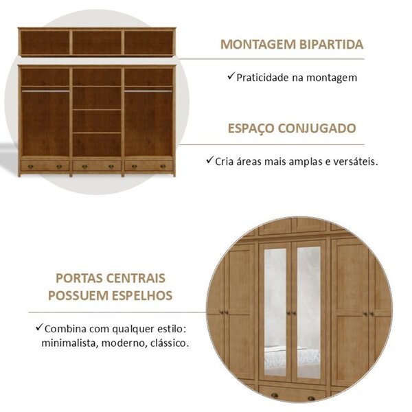 Guarda-roupa Bipartido 12 Portas 3 Gavetas Topázio 100% Madeira Maciça Freijó - Imagem 9