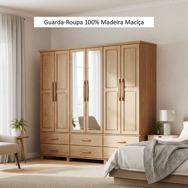 Guarda-roupa Bipartido 6 Portas 6 Gavetas 100% Madeira Maciça Linha Ouro Freijó - Imagem 3