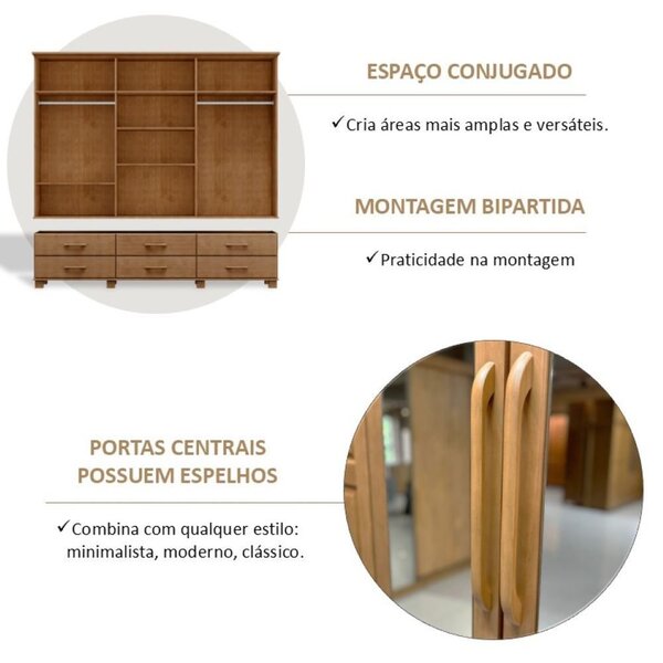 Guarda-roupa Bipartido 6 Portas 6 Gavetas 100% Madeira Maciça Linha Ouro Freijó - Imagem 8