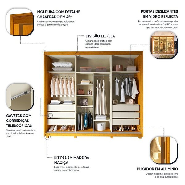 Guarda-roupa Casal 3 Portas Reflecta Com Pés E Led 100% Mdf Platinum Naturale - Imagem 4