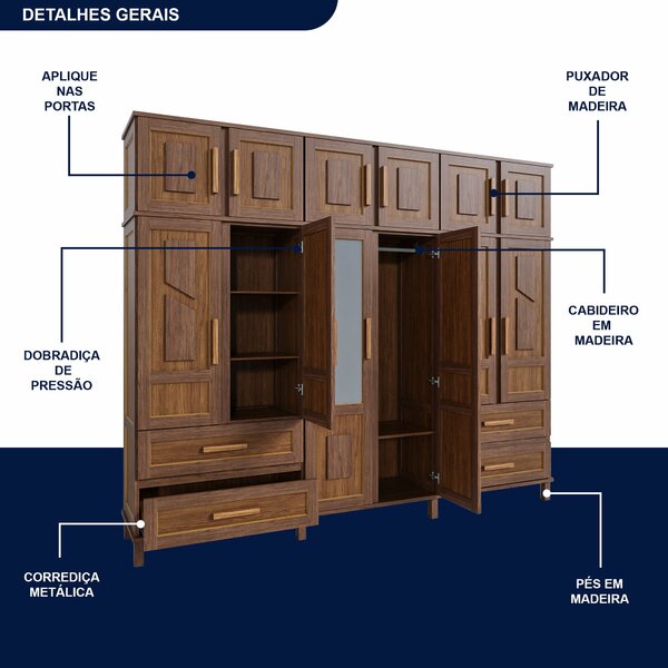 Guarda-roupa Casal Com Espelho 12 Portas 4 Gavetas Rio Branco Premium Yescasa Ypê - Imagem 6