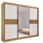 Guarda Roupa Casal Com Espelho 3 Portas 6 Gavetas - Los Angeles Ripado-cinamomo/off White - Móveis D'doro