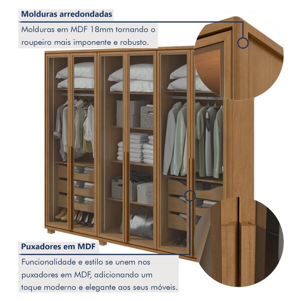 Guarda-roupa Casal Reflecta Com Led 6 Portas 100% Mdf Com Pés Solaris Amêndoa Clean - Imagem 5