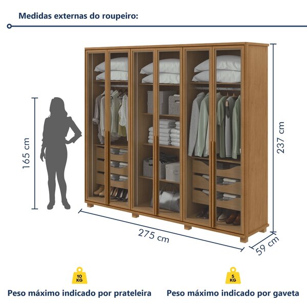 Guarda-roupa Casal Reflecta Com Led 6 Portas 100% Mdf Com Pés Solaris Amêndoa Clean - Imagem 8