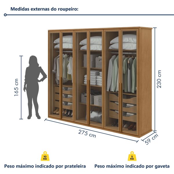Guarda-roupa Casal Reflecta Com Led 6 Portas 100% Mdf Solaris Amêndoa Clean - Imagem 6