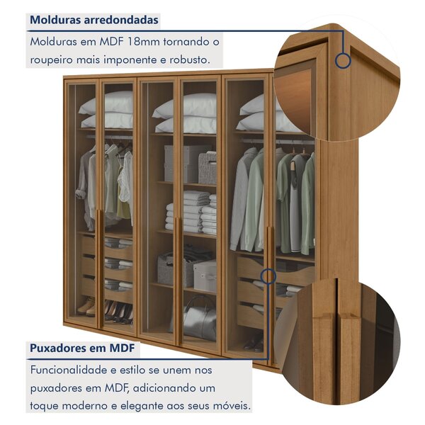 Guarda-roupa Casal Reflecta Com Led 6 Portas 100% Mdf Solaris Amêndoa Clean - Imagem 7
