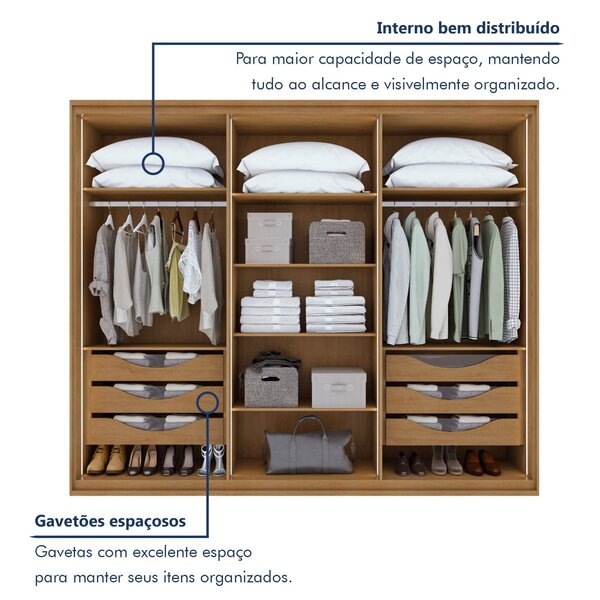 Guarda-roupa Casal Reflecta Com Led 6 Portas 100% Mdf Solaris Amêndoa Clean - Imagem 5