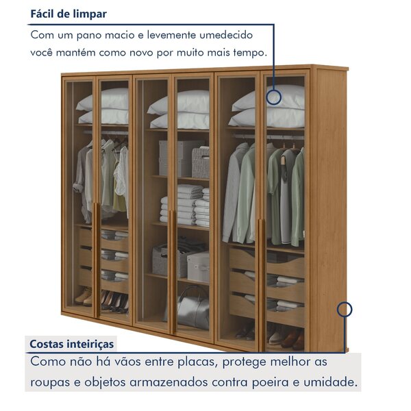 Guarda-roupa Casal Reflecta Com Led 6 Portas 100% Mdf Solaris Amêndoa Clean - Imagem 8