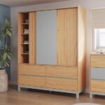 Guarda-roupa Casal Square 3 Portas 4 Gavetas Madeira Maciça Natural Pine E Cool Grey