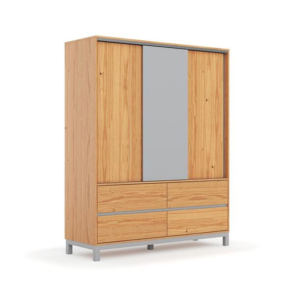 Guarda-roupa Casal Square 3 Portas 4 Gavetas Madeira Maciça Natural Pine E Cool Grey - Imagem 3
