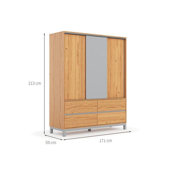 Guarda-roupa Casal Square 3 Portas 4 Gavetas Madeira Maciça Natural Pine E Cool Grey - Imagem 4