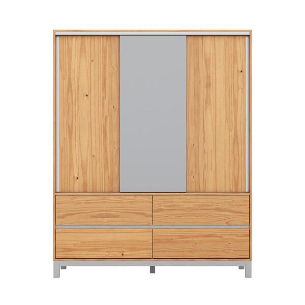 Guarda-roupa Casal Square 3 Portas 4 Gavetas Madeira Maciça Natural Pine E Cool Grey - Imagem 5