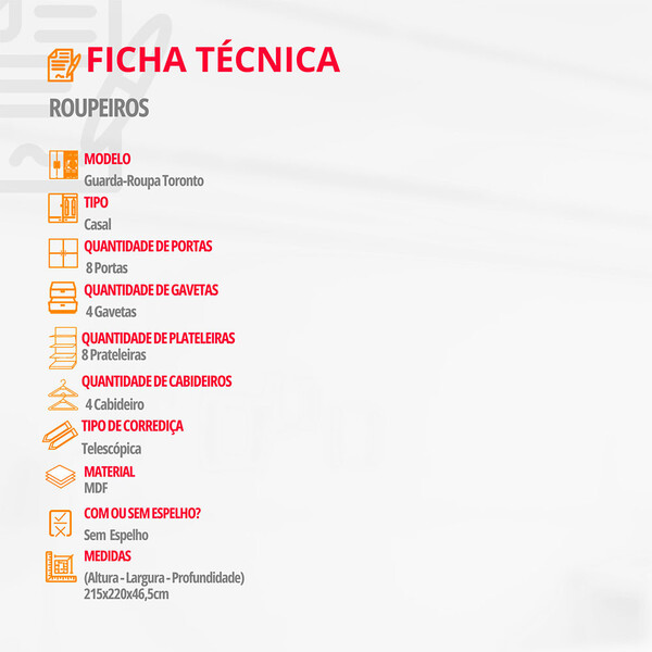 Guarda Roupa Casal Toronto Mdf 8 Portas E 4 Gavetas Moderna Mobília - Imagem 5