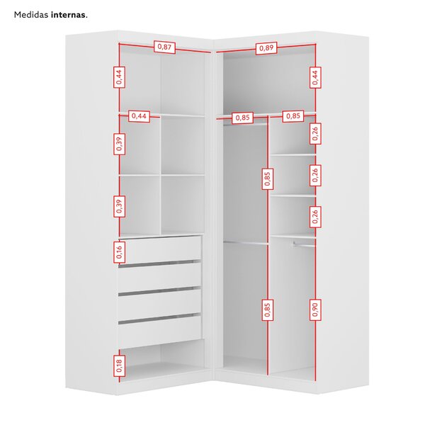 Guarda-roupa De Canto 4 Portas 4 Gavetas Tuim Yescasa Branco Fosco Liso - Imagem 9