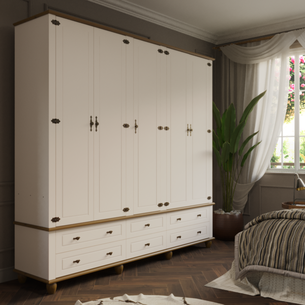 Roupa Guarda-roupa Retrô 5 Portas 6 Gavetas Off White/nogueira - Imagem 6
