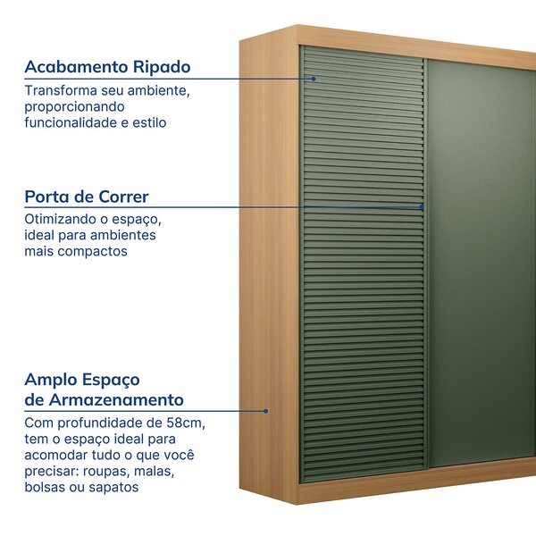 Guarda-roupa Solteiro 2 Portas 1 Porta Ripada Samambaia Cabecasa Madeiraoriginals Carvalho/verde - Imagem 7