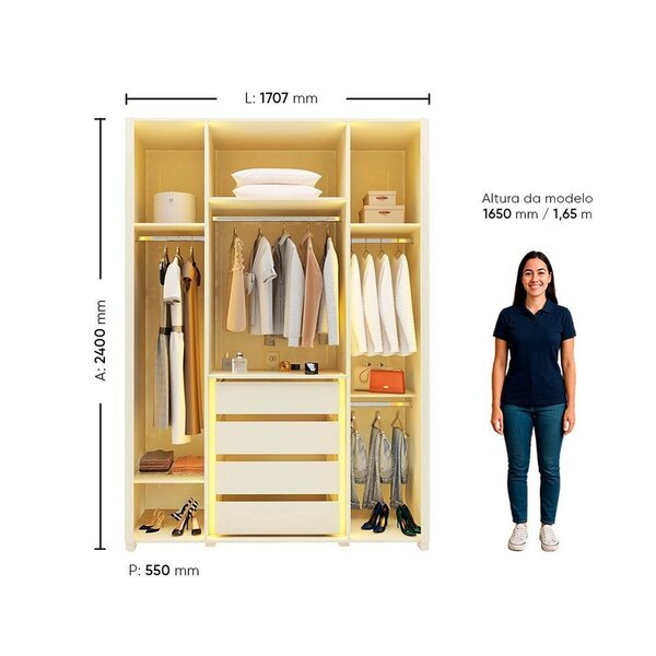 Guarda-roupa Solteiro 4 Portas Reflecta Com Pés E Led 100% Mdf Innova Off White - Imagem 5