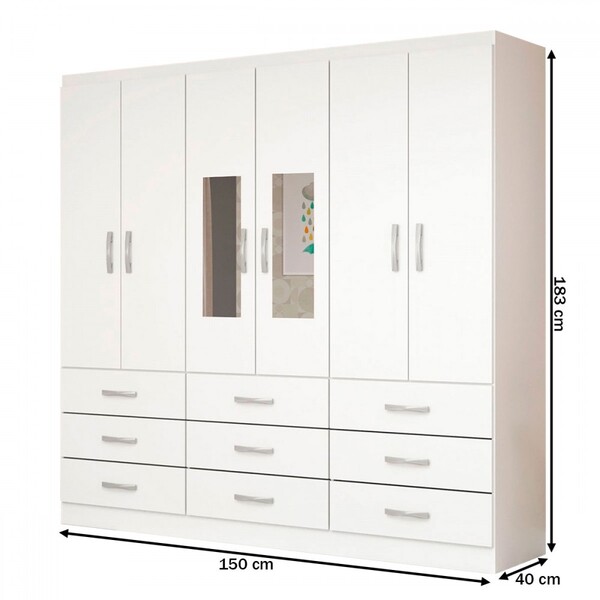 Guarda-roupa Solteiro Bergamo 6 Portas 9 Gavetas Com Espelho Branco - Evidencia Móveis - Imagem 3