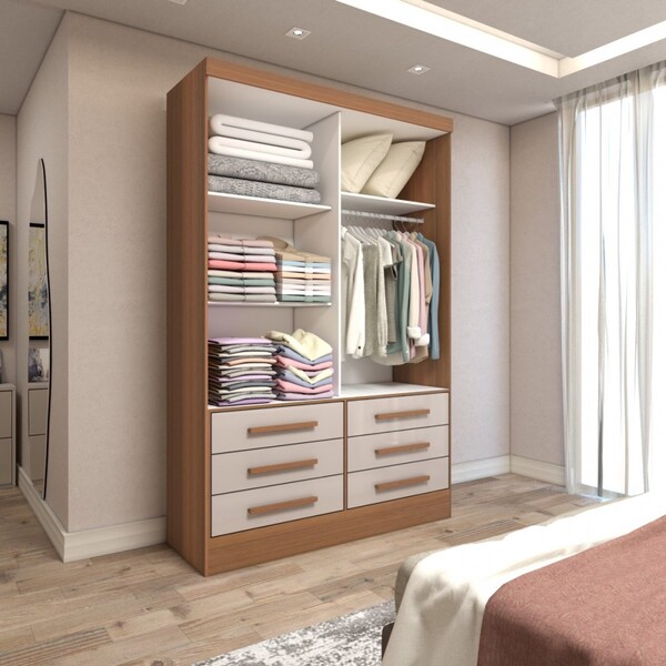 Guarda-roupa Solteiro Guaianases 2 Portas 6 Gavetas Cinamomo/off White - Panorama Móveis - Imagem 5