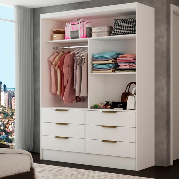 Guarda-roupa Solteiro Taylor 2 Portas De Correr 6 Gavetas Com Espelho Branco - Panorama Móveis - Imagem 3