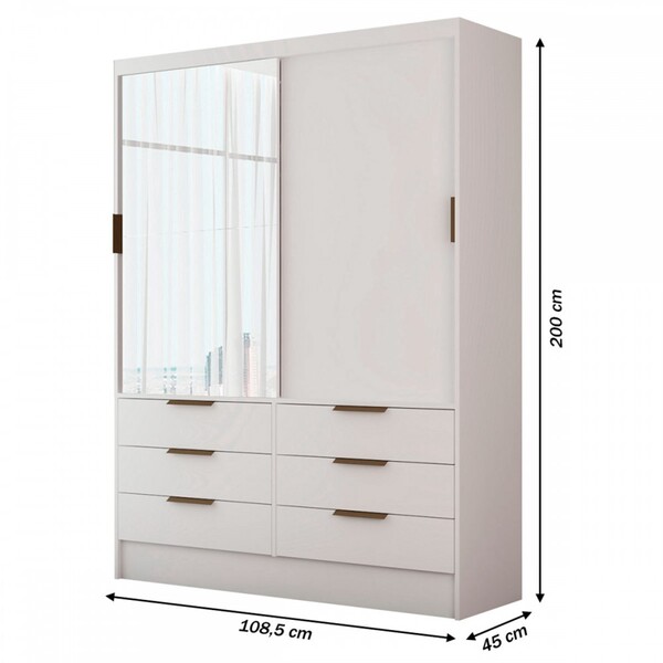 Guarda-roupa Solteiro Taylor 2 Portas De Correr 6 Gavetas Com Espelho Branco - Panorama Móveis - Imagem 6