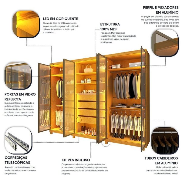 Guarda-roupas Casal 6 Portas Com 6 Portas Reflecta Com Pés E Led Absolut New Reflecta 100% Mdf Naturale - Imagem 8