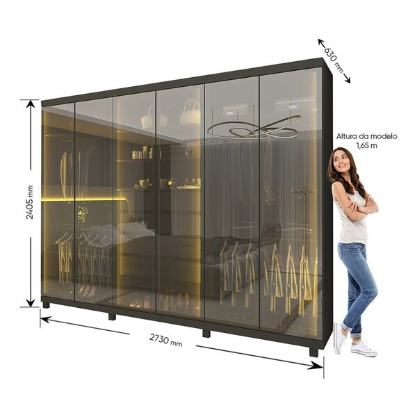 Guarda-roupas Casal 6 Portas Com 6 Portas Reflecta Com Pés E Led Absolut New Reflecta 100% Mdf Grafite - Imagem 5