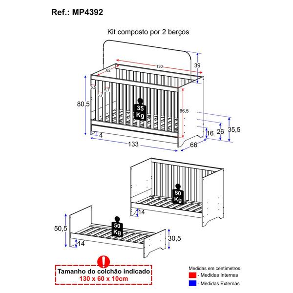 Kit Berço Para Gêmeos 3 Em 1 Para Colchão 60x130cm Multimóveis Mp4392 - Imagem 3