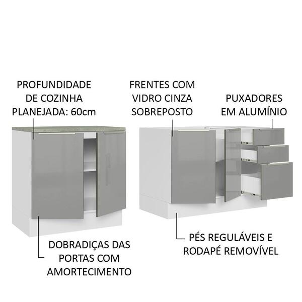 Kit Com 2 Balcões De Cozinha Madesa Lux 4 Portas 3 Gavetas (sem Tampo E Pia) - Branco/cinza - Imagem 8