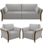 Kit Sofá 02 Lugares Sala Estar 162cm Com 02 Poltronas Stefan Pés Madeira M03 Linho Cinza - Lyam Decor