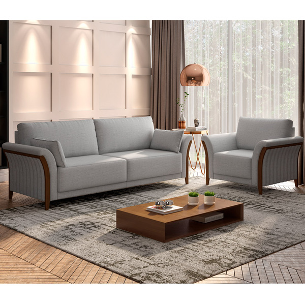 Kit Sofá 02 Lugares Sala Estar 162cm Com 02 Poltronas Stefan Pés Madeira M03 Linho Cinza - Lyam Decor - Imagem 8