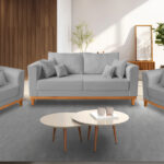 Kit Sofá 3 Lugares E 2 Poltronas Beny Viena Com Almofadas Decorativa Linho Cinza - Madeira Prima Deccor - Imagem 3