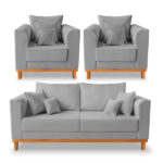Kit Sofá 3 Lugares E 2 Poltronas Beny Viena Com Almofadas Decorativa Linho Cinza - Madeira Prima Deccor