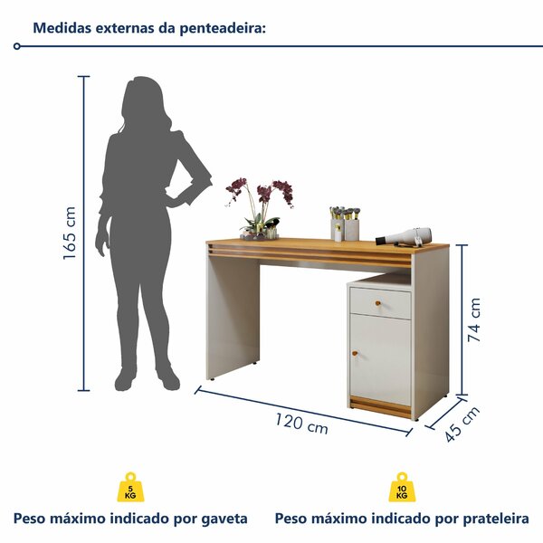 Penteadeira 1 Porta 1 Gaveta 100% Mdf Sem Espelho Charlotte Off White/naturalle - Imagem 10