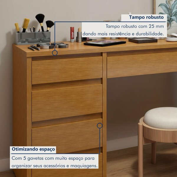 Penteadeira 5 Gavetas 100% Mdf Sem Espelho Giulia Yescasa Naturalle - Imagem 3