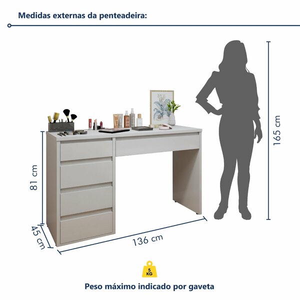 Penteadeira 5 Gavetas 100% Mdf Sem Espelho Giulia Yescasa Off White - Imagem 7
