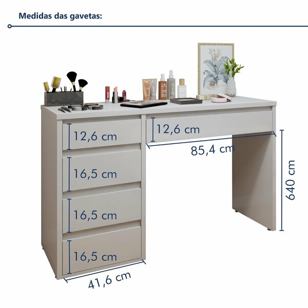 Penteadeira 5 Gavetas 100% Mdf Sem Espelho Giulia Yescasa Off White - Imagem 10