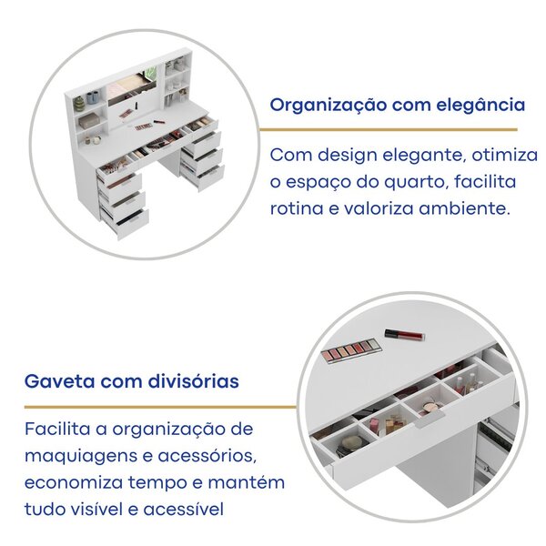 Penteadeira 9 Gavetas Com Espelho E Led 8402 Branco - Imagem 6