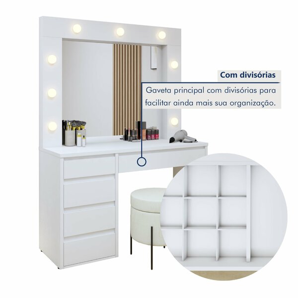 Penteadeira Camarim 100% Mdf 184 X 136cm Anne Branco Acetinado - Imagem 7