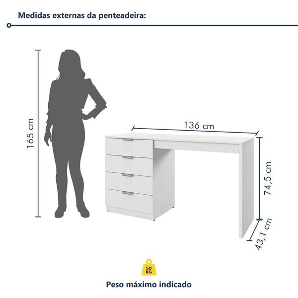 Penteadeira Camarim Com Porta Joias E Tampo Reclinável 4 Gavetas Afrodite 100%mdf Branco - Imagem 7