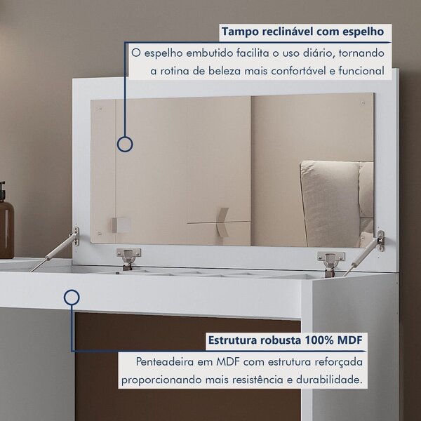Penteadeira Camarim Com Porta Joias E Tampo Reclinável 4 Gavetas Afrodite 100%mdf Branco - Imagem 9