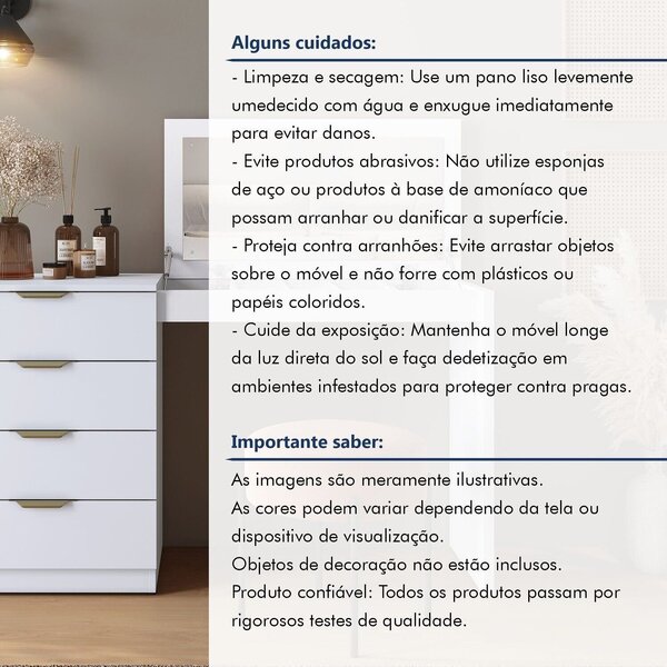 Penteadeira Camarim Com Porta Joias E Tampo Reclinável 4 Gavetas Afrodite 100%mdf Branco - Imagem 6