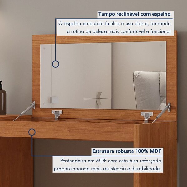 Penteadeira Camarim Com Porta Joias E Tampo Reclinável 4 Gavetas Afrodite 100%mdf Naturalle - Imagem 7