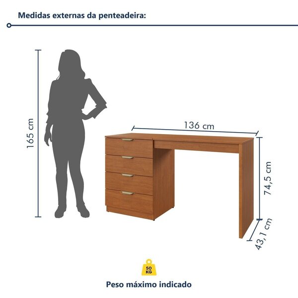 Penteadeira Camarim Com Porta Joias E Tampo Reclinável 4 Gavetas Afrodite 100%mdf Naturalle - Imagem 5